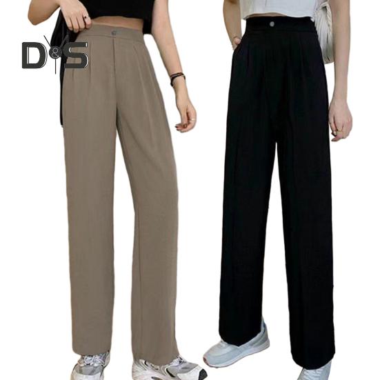 Весенне-летние женские костюмные брюки с высокой талией, однотонные брюки с карманами и пуговицами, тонкие стильные прямые широкие длинные брюки, уличная одежда