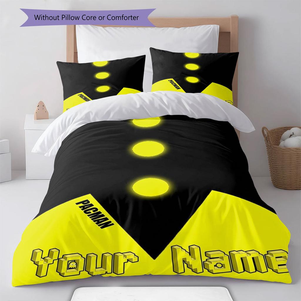 Pac-Man Custom Name Pattern Bedding,Quilt Set Quilt Cover Pillowcase Home Birthday Gift(1 * duvet cover + 2 * pillowcase, without core)