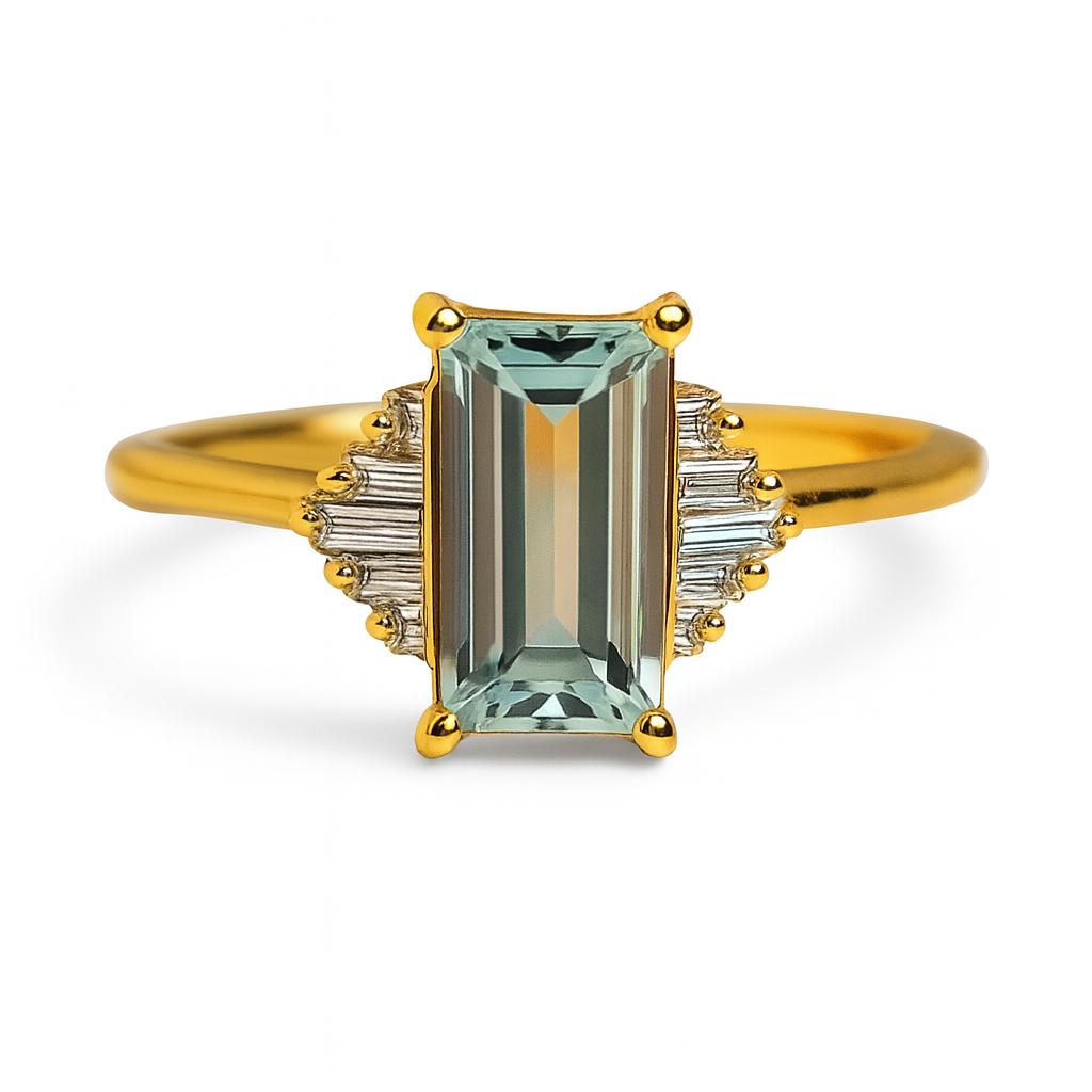 Women’s Emerald Cut Green Gemstone Ring – Gold Plated Band with Baguette Accents, Elegant Statement Jewelry Gift for Her
