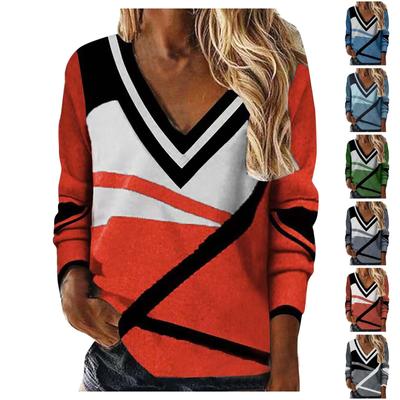 Женская мода, повседневный, темпераментный, новый, с v-образным вырезом, контрастного цвета, с геометрическим принтом, темпераментный, свободный топ с длинными рукавами