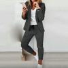 2 Pcs/Set Women Coat Pants Set Business Set Long Sleeves Solid Color Drawstring Elastic Waist Lapel Slim Fit Pants Blazer Trousers Suit