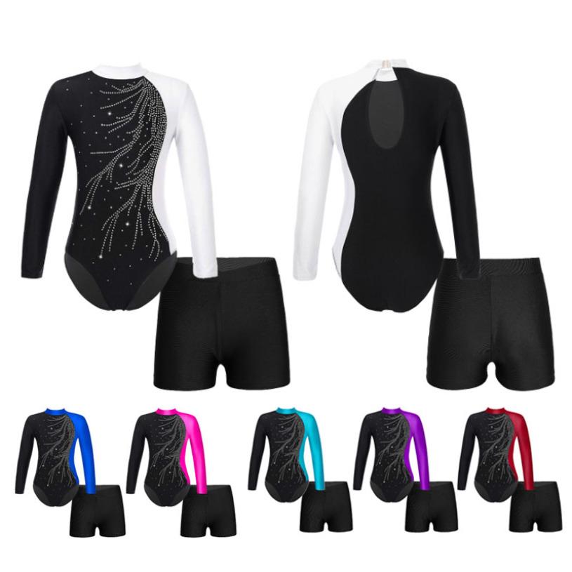Girls Long Sleeve Gymnastics Leotard Unitard with Shorts 2 Piece Outfits Ballet Dance Bodysuit Biketard Dancewear