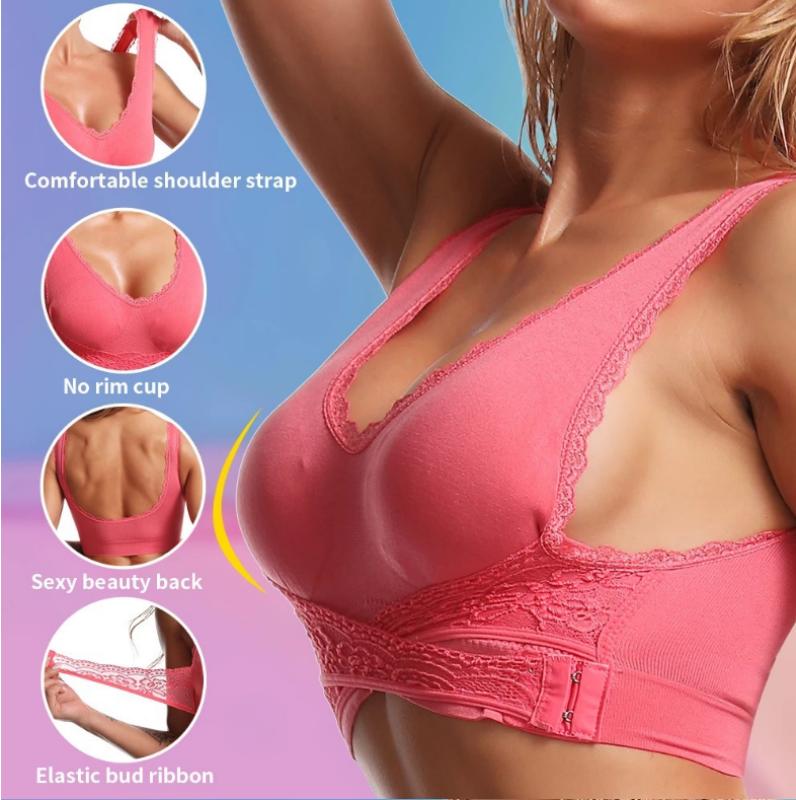 Women Brassiere Large Size Comfortable Seamless Underwear Wireless Brassiere Gathered Push Up Bralette Front Buckle Cross Back Bra Womens Lingerie