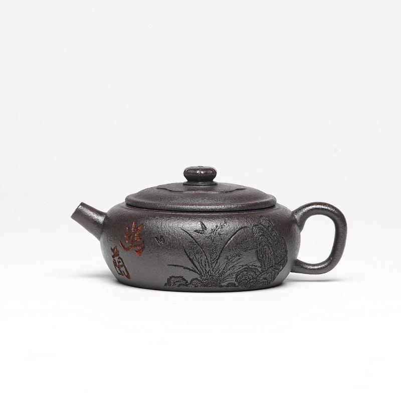150ml Vintage Yixing Purple Clay Teapots Handmade Engraved Orchid Pot Raw Ore Stone Yellow Mud Kettle Zisha Tea Set For Tea Gift