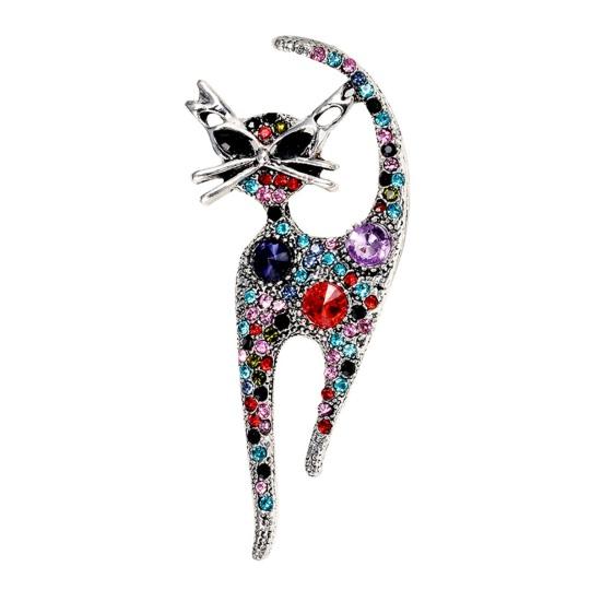 Cute Cat Shape Brooch Colorful Shining Rhinestones Inlaid Pin Suit Lapel Badge Jewelry Gift Coat Accessories