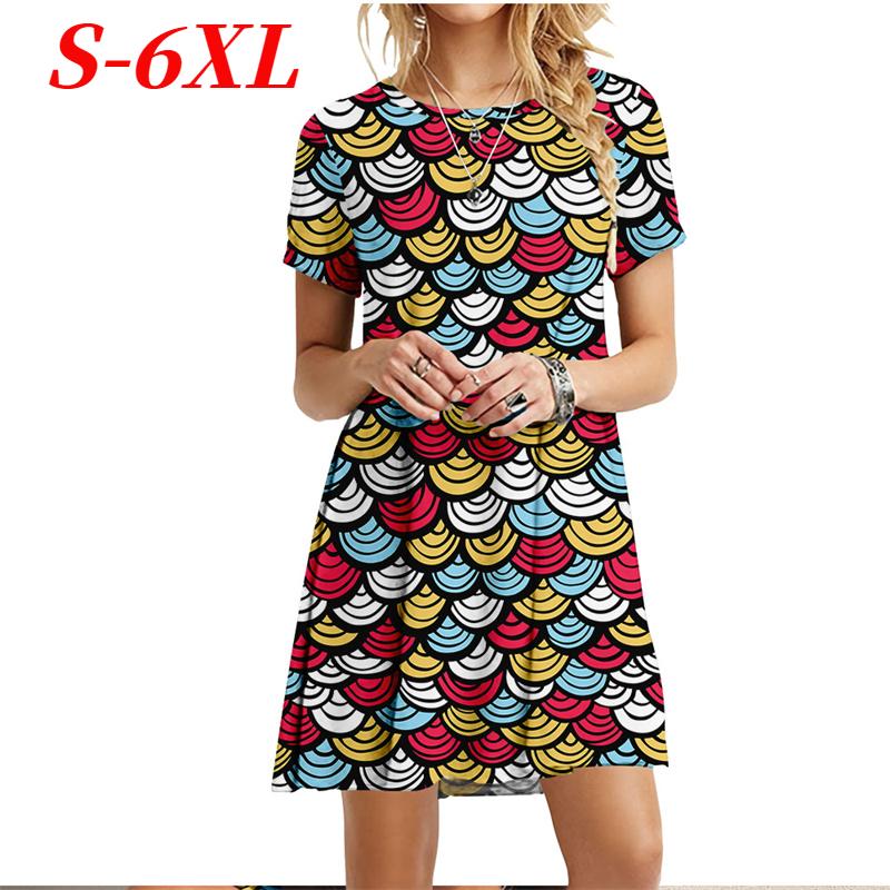 Размер S-6XL 3D Платья с принтом «рыбьей чешуи», летнее пляжное платье для женщин с коротким рукавом, повседневное женское платье с круглым вырезом, большие размеры, платье Vestido