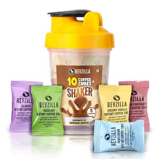Bevzilla Instant Coffee Cubes & Bottle Pack With 10 Coffee Cubes (2 Cubes Each Flavour)| BPA Free Shaker 500 Ml Leak Proof