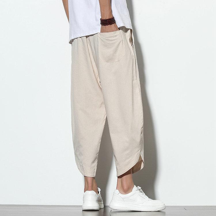 Men's Spring and Autumn Thin Section of Plus Size Linen Loose Harlequin Trousers Beach Lantern Trousers