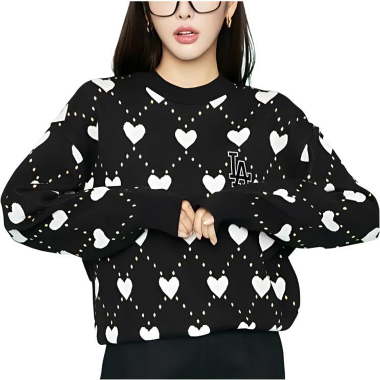 MLB Los Angeles Dodgers Heart Jacquard Letter Embroidery Loose Pullover Sweater Unisex sweater Black 3AKPH0131-07BKS