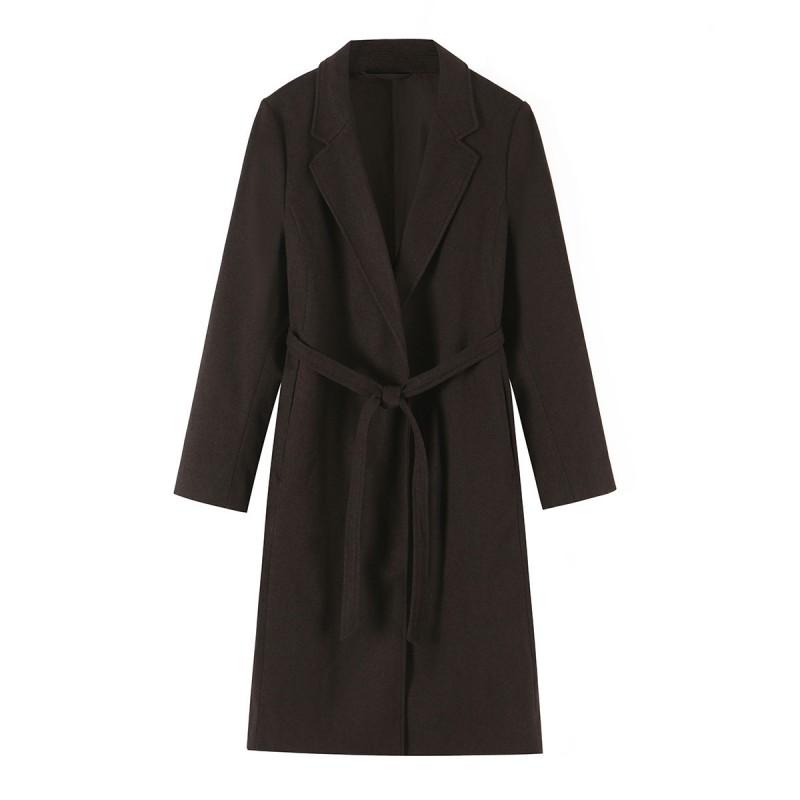 Womens Commuter Style Wool Blend Coat Elegant Waist Tie Mid-Length XS-L Sizes