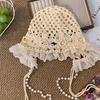 Hollow Out Lace Beanies Pearl Tassels Knit Cap Casual Crochet Flower Knitted Hat  Girls