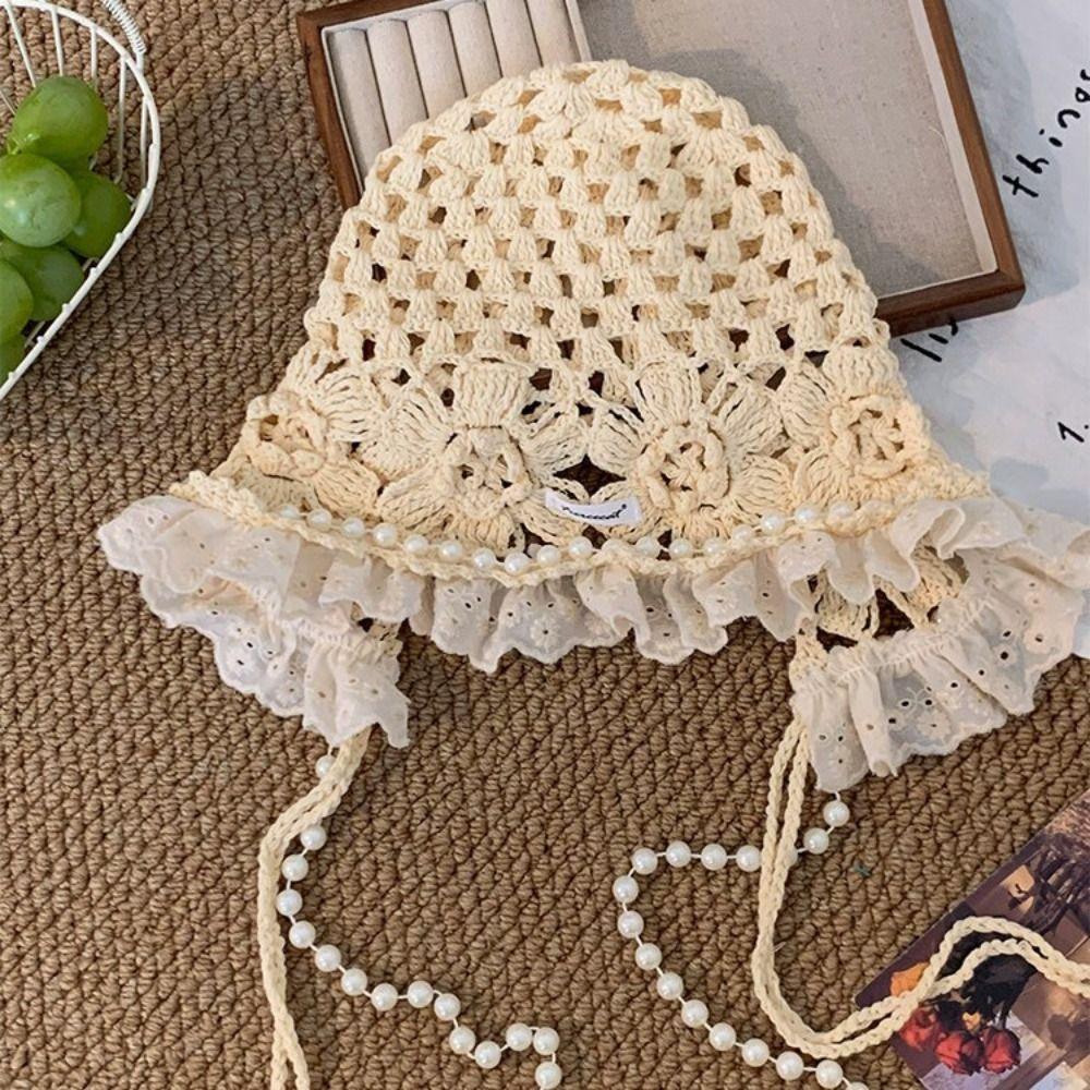 Hollow Out Lace Beanies Pearl Tassels Knit Cap Casual Crochet Flower Knitted Hat Girls