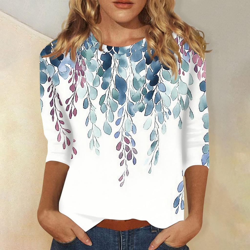 Women's Fashion Casual Three-quarter Sleeve Vintage Floral Print Round Neck Top