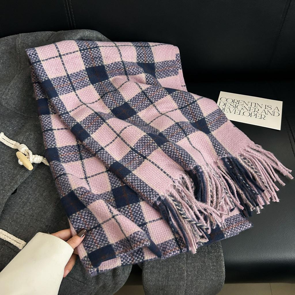 Autumn and Winter High-end Fashion Woven Plaid Scarf Sweet and Elegant Temperament Imitation Cashmere Warm Fringed Shawl