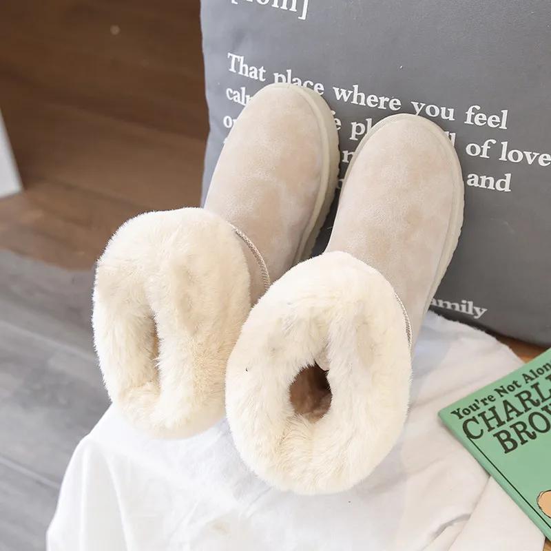 Fashion Platform Ladies Snow Boots Mid Calf Black Female Shoes Half High Chunky Suede Elegant with Low Heels Round Toe Boot Plush Gothic