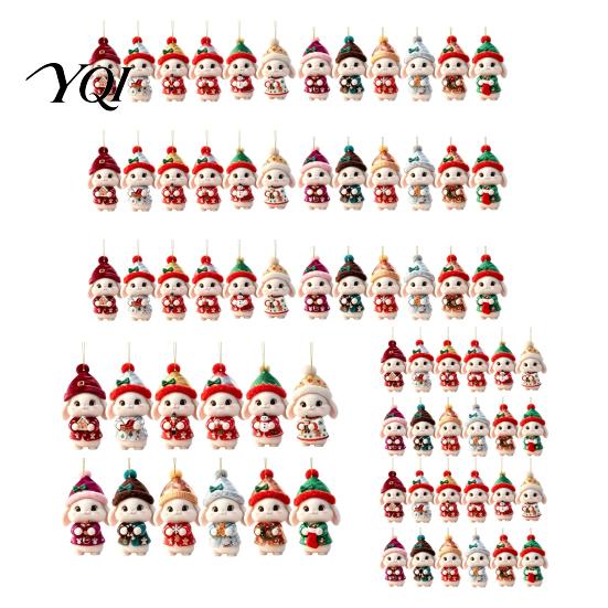 Christmas Garland Hanging Ornaments Bunny Wooden Ornament, 2D Flat Rabbit Decor with Santa Indoor Holiday Party Decorations Hat, Tree Pendant