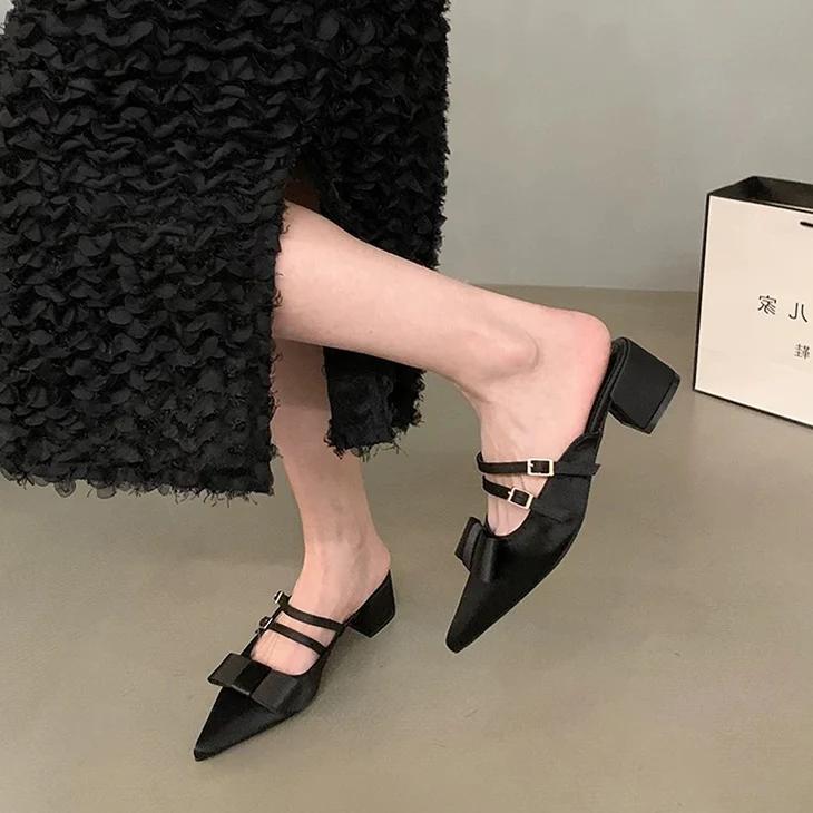 Розовые тапочки с острым носком и бантом, женские милые элегантные туфли на среднем каблуке с открытой пяткой, женские весенние новые туфли-лодочки для вечеринок и банкетов