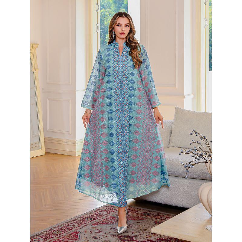 Indonesian Arab Cross-Border Embroidery Hot Drilling Robe Middle East Clothing Print Dress Dubai Women Clothes Dress