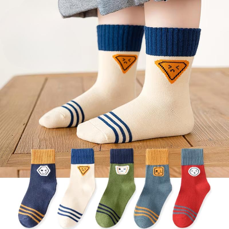5Pairs Children Socks Cute Expression Anti-pilling Breathable Cotton Athletic Socks Boutique Kids Clothing Outerwear 1-16Years
