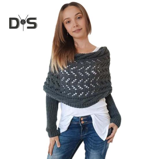 Knitted Cable Wrap Scarf with Sleeves Soft Bohemian Style Shawl Scarf Hollow Crochet Pattern Cross Wrap Scarf Sweater Wrap