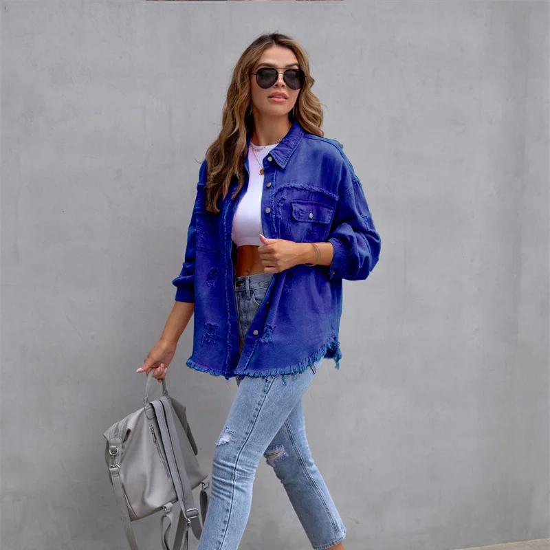 Holes Raw-edges Denim Jacket Women Spring Autumn Shirt Style Jeancoat Casual Top Rose-Red Orange Purple Outerwear Lady Coat