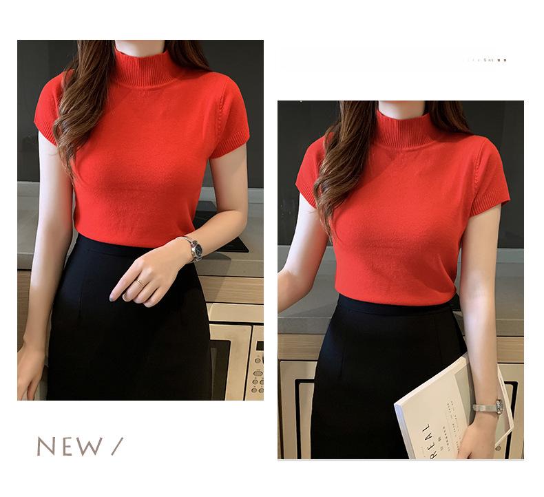 2024 Women's Slim Fit Knitted Half Turtleneck Short-Sleeve Sweater Top