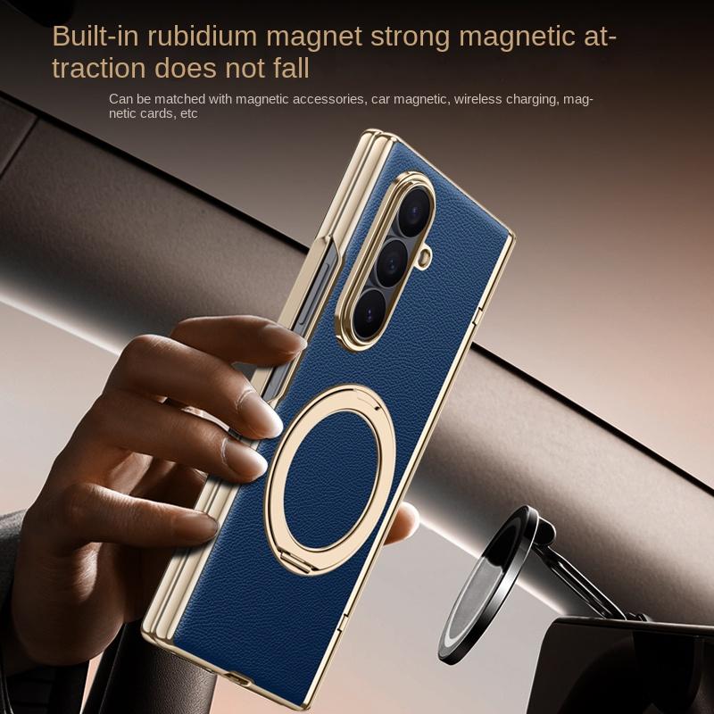Для Samsung Galaxy Z Fold 7 Кожаный 360° Поворотный Держатель Магнитное Закаленное Стекло Передняя Пленка Противоударный Чехол для Телефона с Поддержкой Отпечатков Пальцев