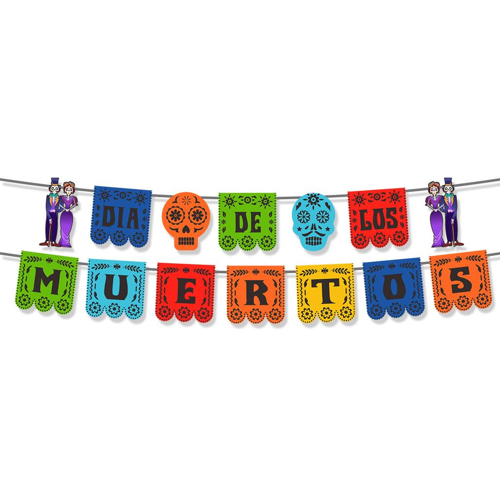 Mexican Day Of The Dead Themed Party Decoration Skull Bride Groom Draw Flag Hollow Colorful Banner Bunting