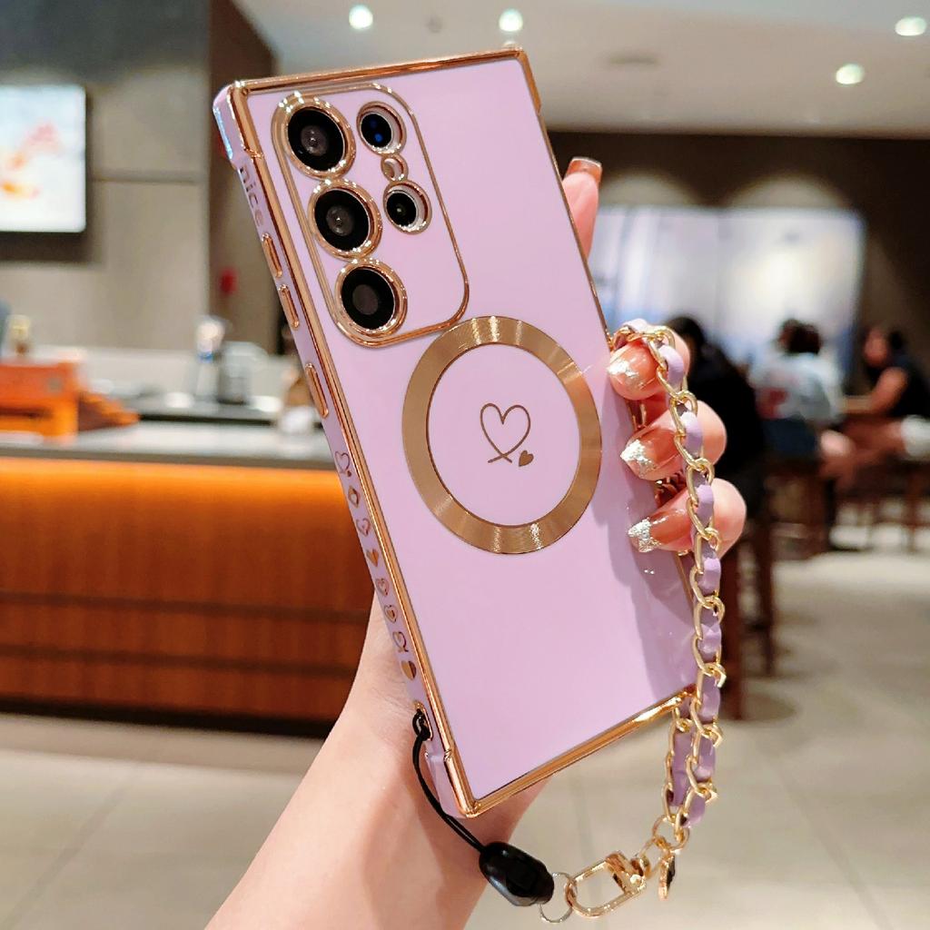 For Samsung Galaxy S24 Ultra Magnetic Case Electroplated Love Hearts TPU Phone Cover with Chain Strap
