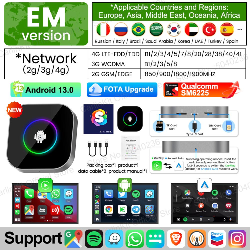 CarlinKit R2 Android 13 CarPlay AI Box Qualcomm SM6225 4G LTE Беспроводной Android Auto Для Netflix IPTV Разделенный Экран FOTA Обновление