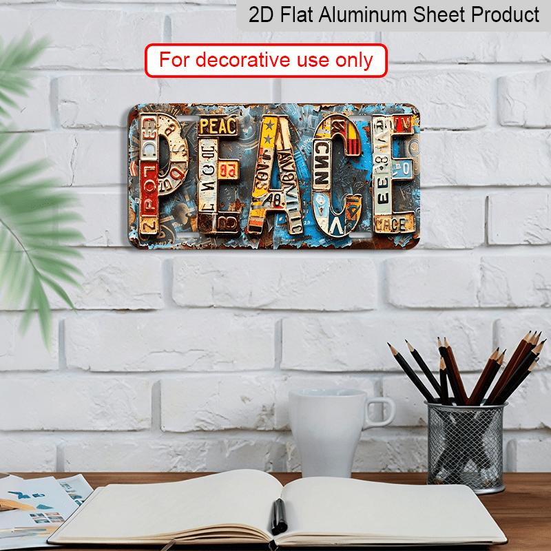 2D Flat Vintage Metal Sign/1pc/Outdoor Aluminium Decorative Sign (11.8×5.9inch)/"PEACE" Colorful Letter Scene/Retro Inspirational Wall Art for Cafe