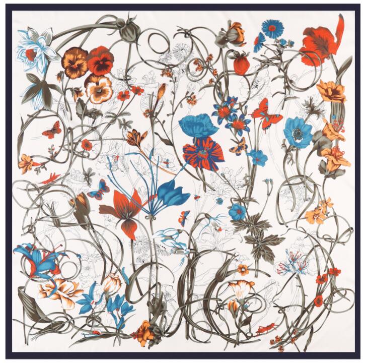 New Arrival Brand Shawl 100% Twill Silk Scarf Hyacinth Floral 130cm Square Scarves Print Kerchief Bandana Woman Headband Hijab