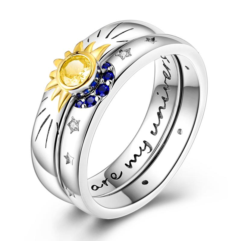 New 925 Silver Ring Pink Heart Blue Sun Star Moon Crossover Wide Rings For Women Party Birthday Jewelry Silver Gift
