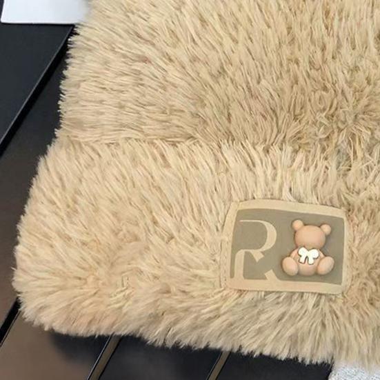 Women Knitted Hat Windproof Warm Solid Color Elastic Winter Hat Bear Ear Decor Cold Weather Plush Hat