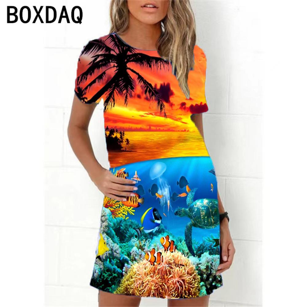 Ocean World 3D Print Dress Women New 2026 Summer Short Sleeve Cartoon Fish A-Line Dress Oversized Loose Casual Ladies Dress