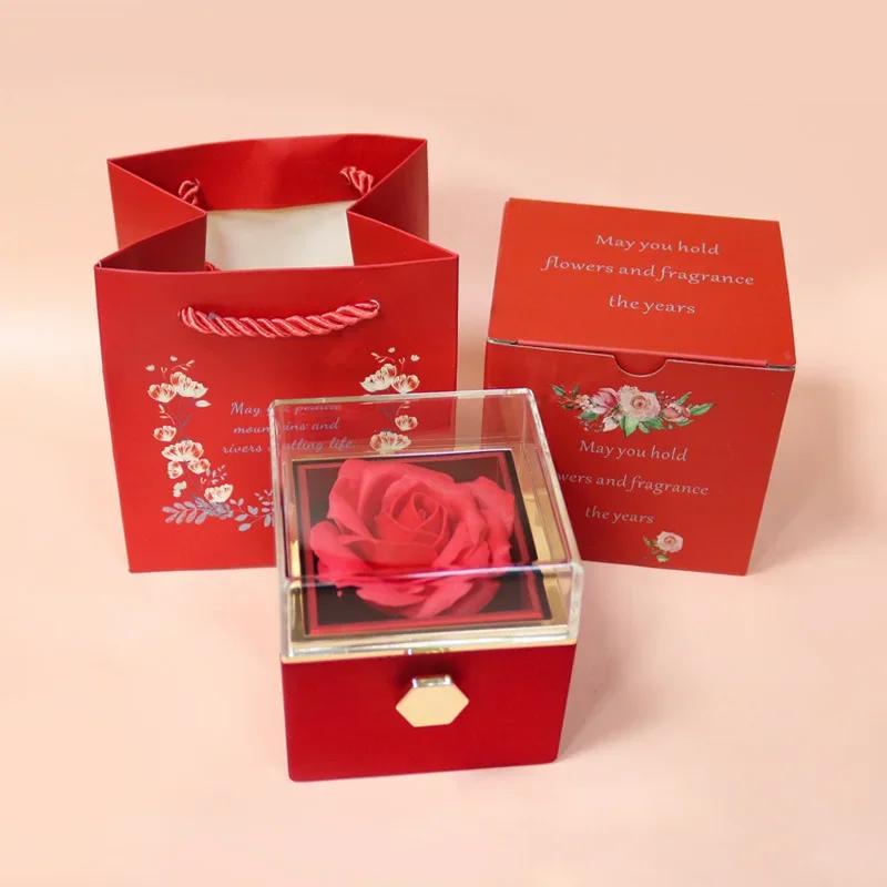 1PC Rotating Eternal Rose Flower Jewelry Box Ring Earrings Necklace Storage Boxes Wedding Valentine's Day Gift Boxes for Lovers