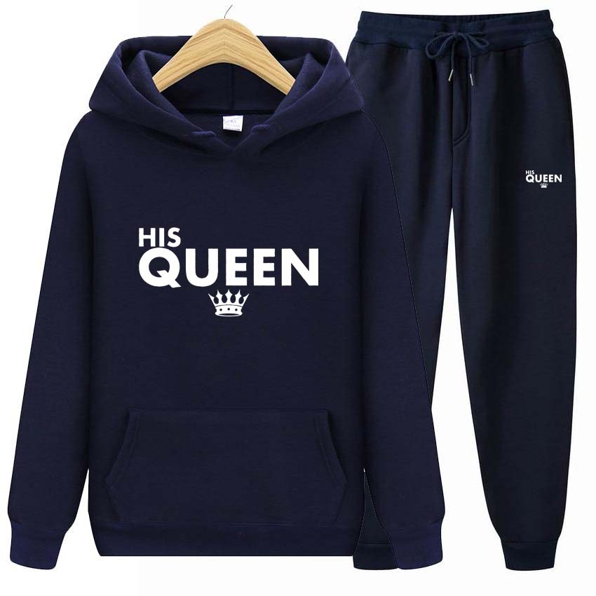 Спортивный костюм, комплект из 2 предметов, унисекс, толстовки с капюшоном His Queen, флисовая толстовка + брюки, костюм с капюшоном, мужские комплекты для бега, толстовка с принтом королевы, спортивный костюм