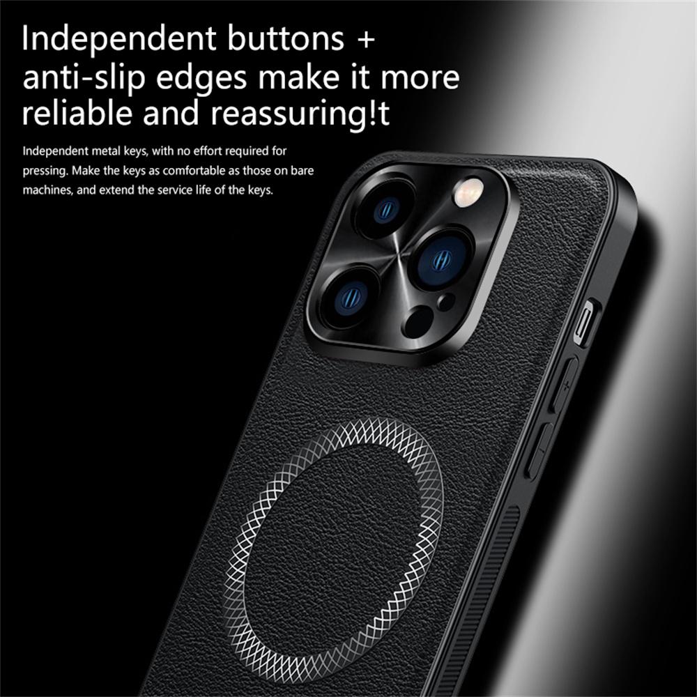 For iPhone 15 Pro Case Compatible with MagSafe PU TPU PC Phone Back Cover with Metal Lens Frame
