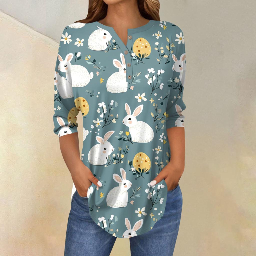Women's 3/4 Sleeve Easter Egg Bunny Print Button Collar Fashion Casual Top