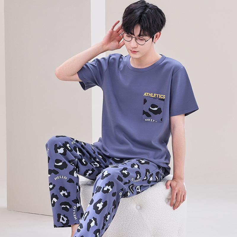 Summer Soft Cotton Pajamas Set for Men Fashion O-neck Pyjamas Short Sleeved Plaid Pants Home Suit