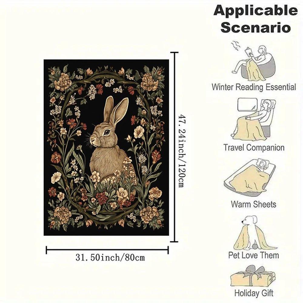 "Rabbit in Flowers: Elegant Wall Art Print"Blanket Flannel Throw Blanket for Sofa, Bed, Travel, Camping, Office, Couch, Chair, And Bed Gift