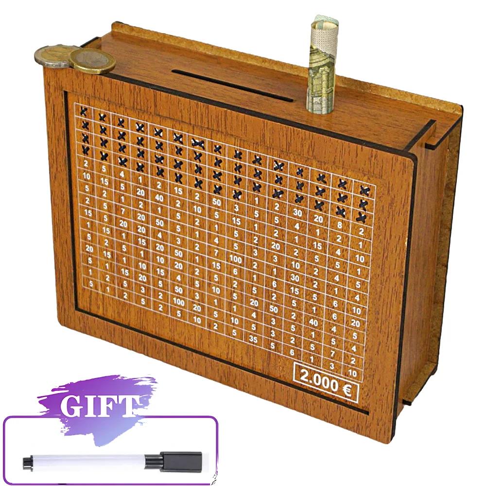 1000/2000/3000/5000 Euro Money Box Wooden Piggy Bank with Reusable Money Box with Saving Goal and Numbers Boxes
