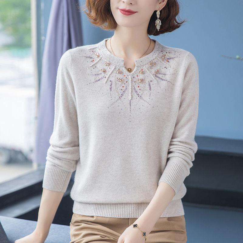 Cashmere Knitted Sweater Embroidered with Diamonds, Women's Loose Oversized Base Sweater