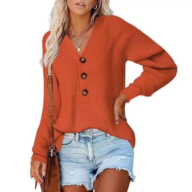 Women S Loose Fit V Neck Button Knit Sweater Casual Autumn Winter Top