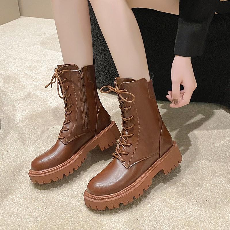 High Quality Ladies Brown Short Boots 2024 British Lace Up Women's Boots Autumn Winter New Non-slip Platform Motorcycle Boots