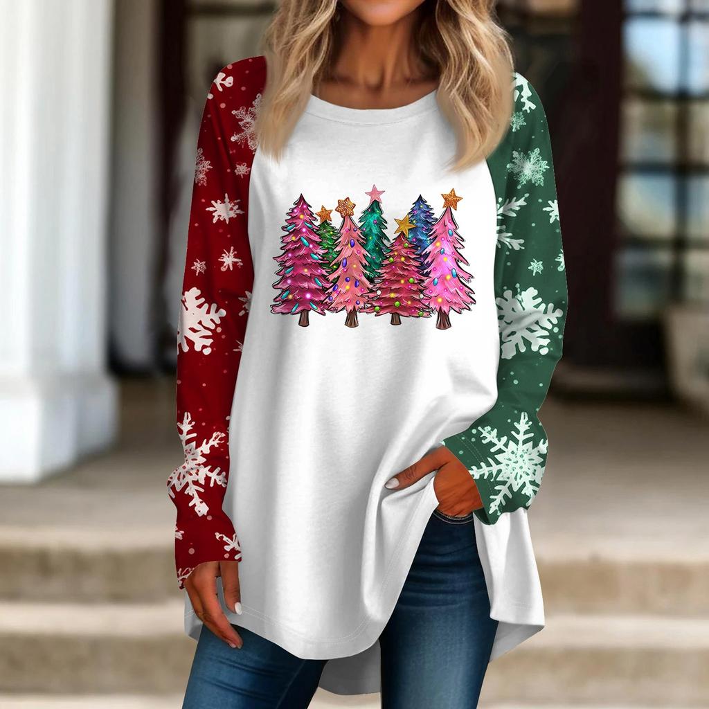 Women's Casual  Plus Size Long Sleeved Round Neck Christmas Printed T-shirt Top Pullover
