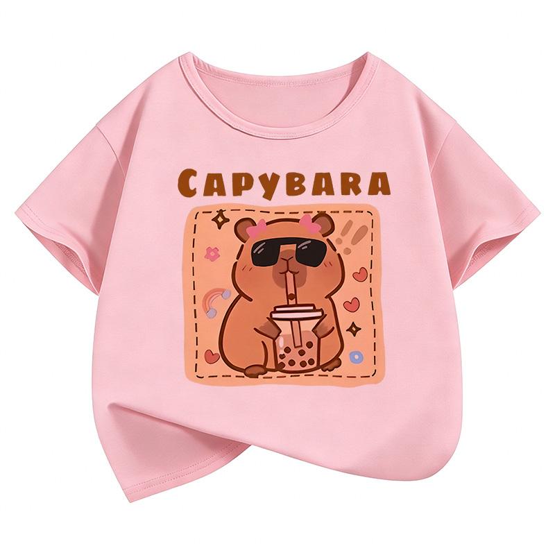 Funny Capybara Drinking Juice Design T Shirts Manga Kids Children's T-shirt Boys Girls Summer Spring Casual Top Tee