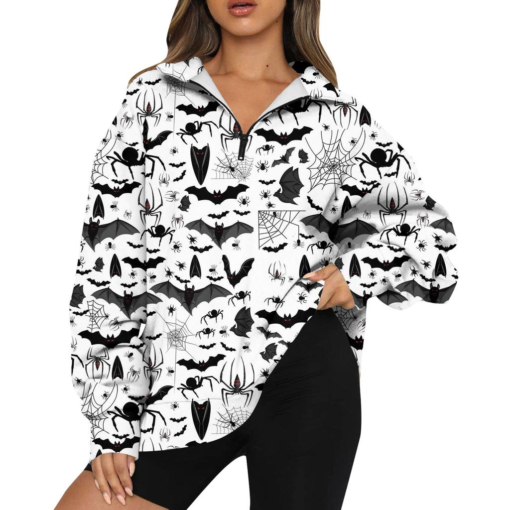Women's Fashion Casual Long Sleeve Halloween Printed Zipper Turtleneck Drop Shoulder Sweatshirt Top