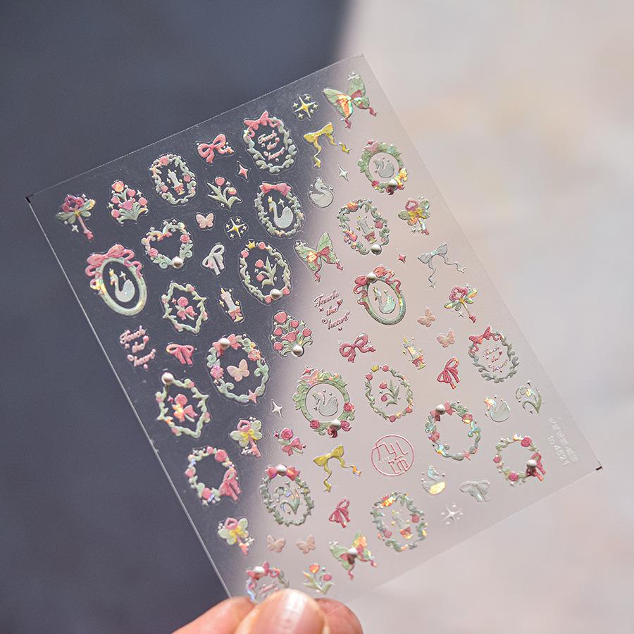 1pcs 5D Diamond White Lace Bow Nail Art Stickers Pearl Rhinestones Nail Decoration Adhesive Decals Slider DIY Accessory