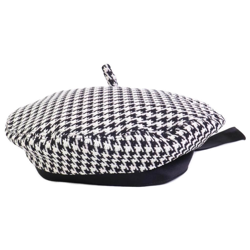 Dior [Excellent Condition/Domestically Authorized] 35DAP910I121 Wool Houndstooth Beret with Ribbon Design Hat 59 Black WhiteUsed